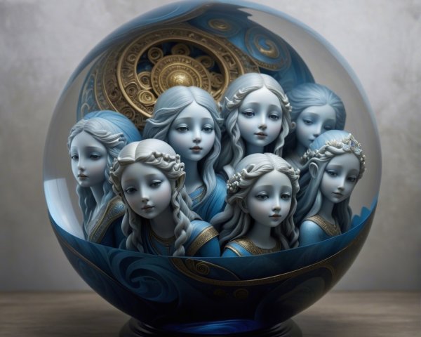 Translucent Glass Sphere with Ethereal Figures and Patterns