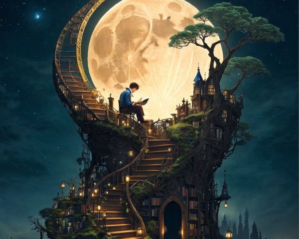 Whimsical Treehouse Under a Full Moon at Night