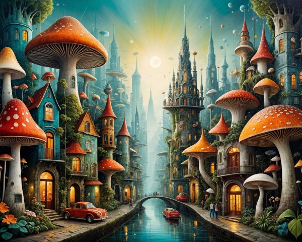Whimsical Cityscape with Mushroom Trees and Canals