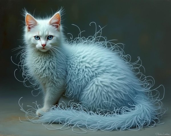 Fluffy White Cat with Curly Coat and Blue Eyes