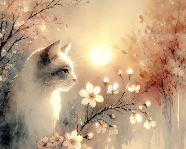 Watercolor Cat Silhouette with Cherry Blossoms and Sun
