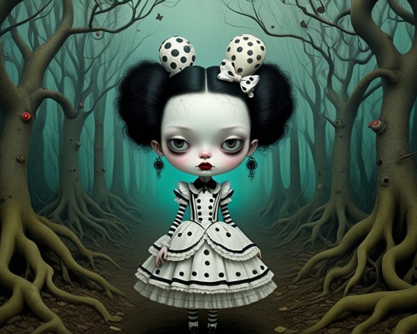 Whimsical Doll in Dark Forest Setting with Roots