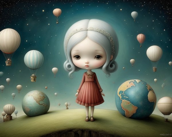 Whimsical Scene of a Girl with Butterflies and Balloons