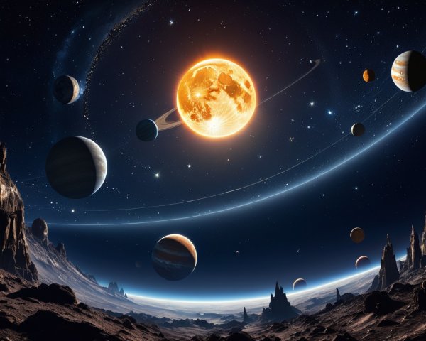 Vibrant Cosmic Landscape with Glowing Sun and Planets