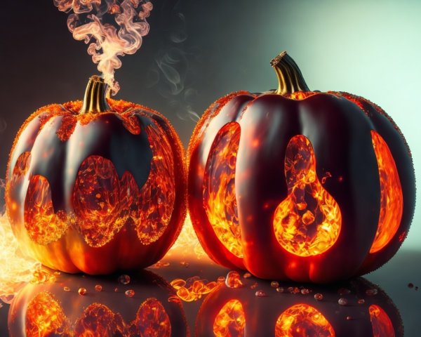 Intricately Carved Pumpkins with Lava Illumination