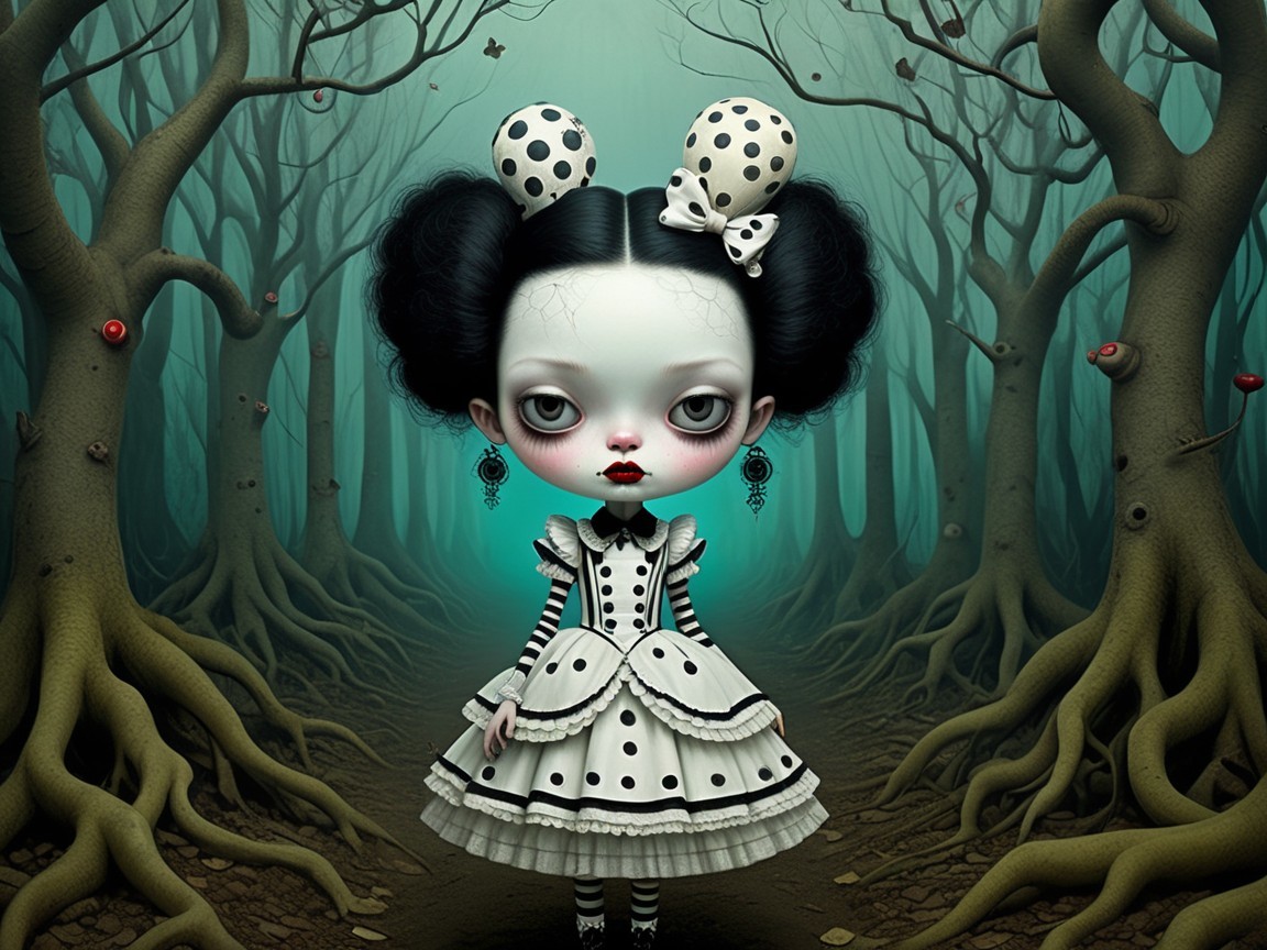 Whimsical Doll in Dark Forest Setting with Roots