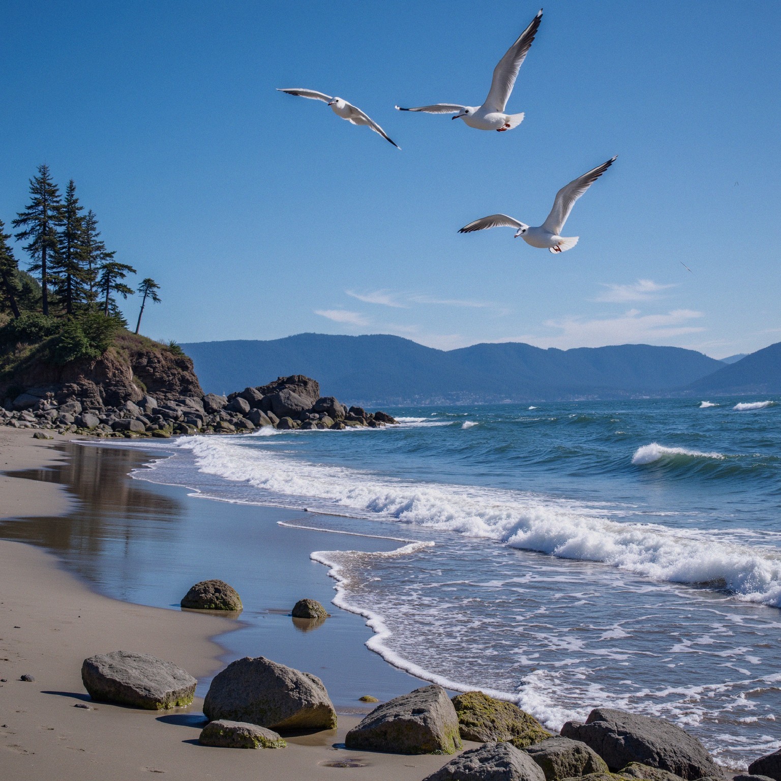 Serene beach scene with waves, seagulls, and mountains