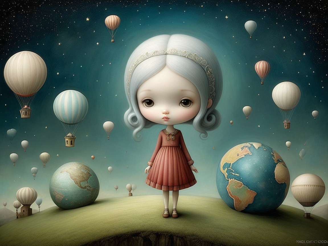 Whimsical Scene of a Girl with Butterflies and Balloons