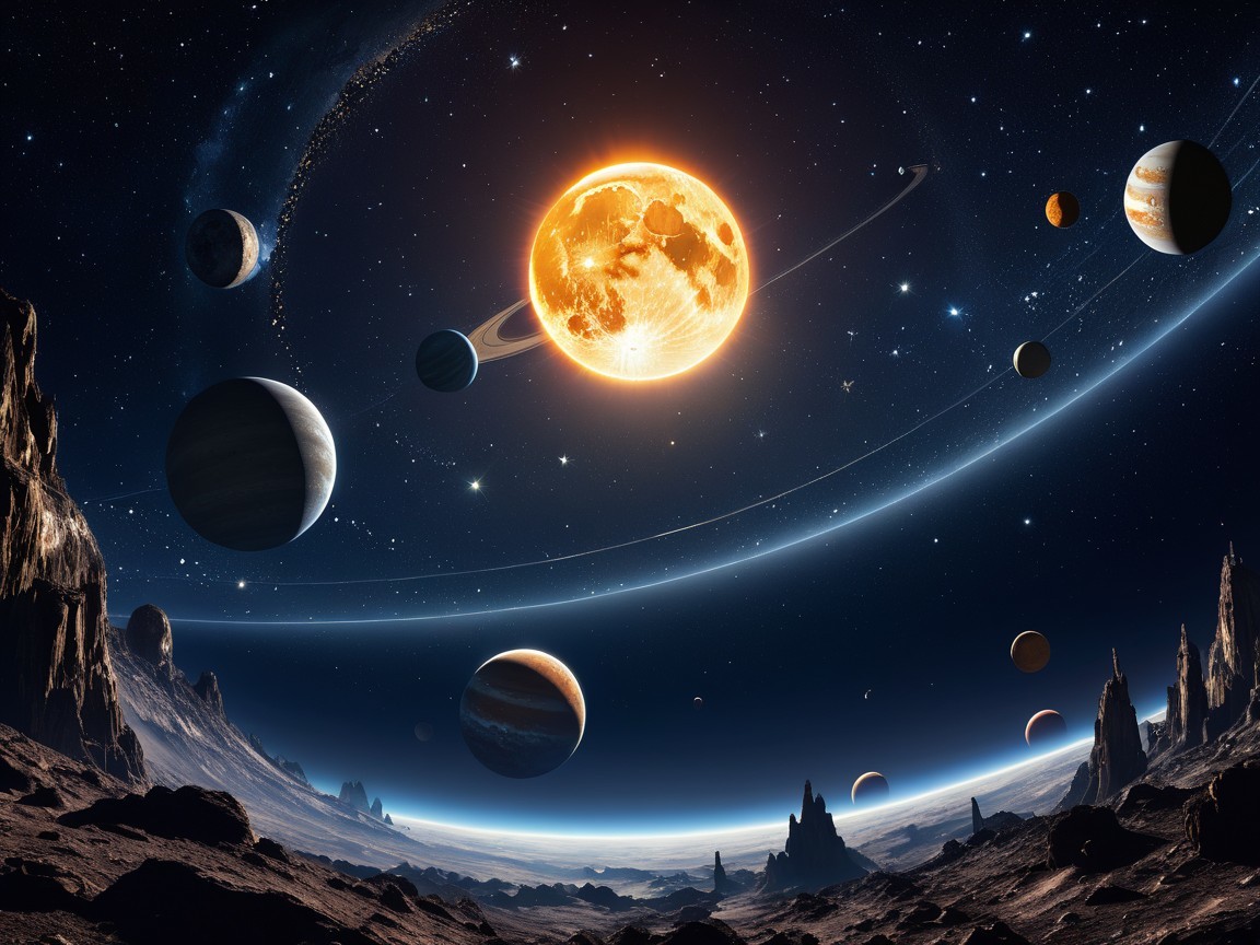 Vibrant Cosmic Landscape with Glowing Sun and Planets