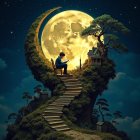 Whimsical Treehouse Under a Full Moon at Night