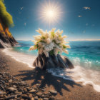 Serene beach scene with waves, seagulls, and mountains
