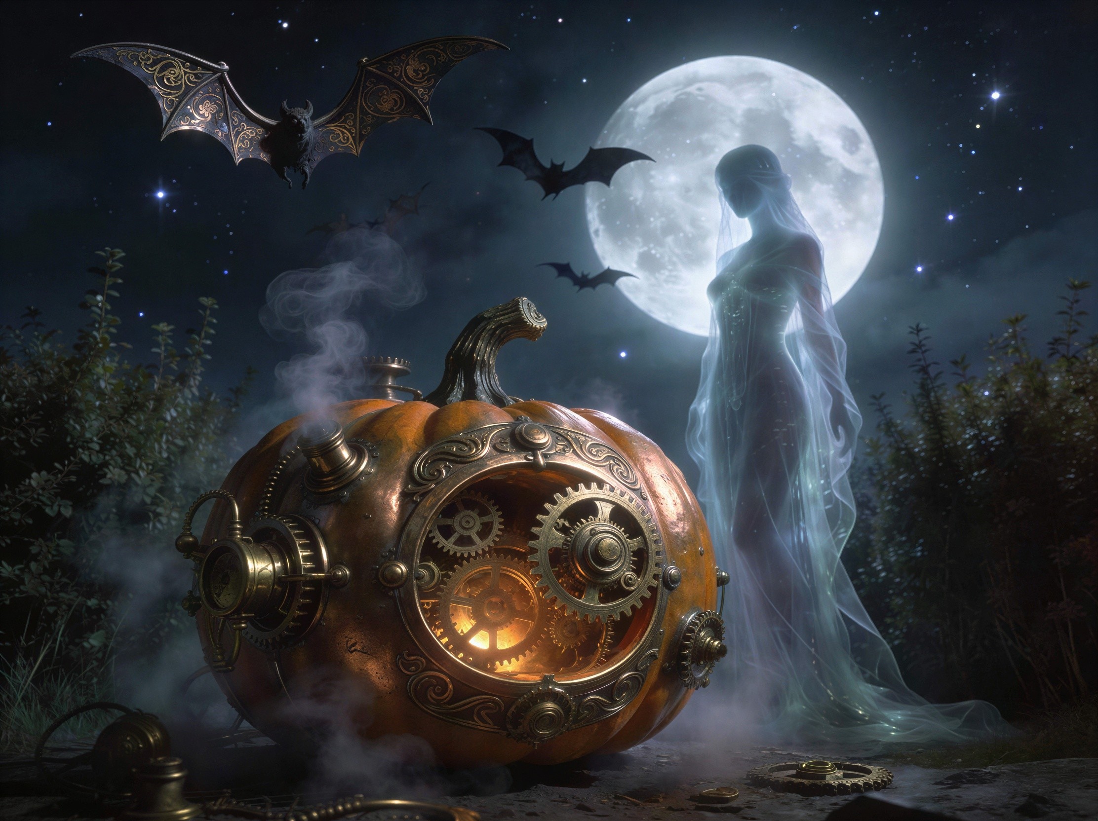 Surreal Halloween Scene with Ghost and Steampunk Pumpkin