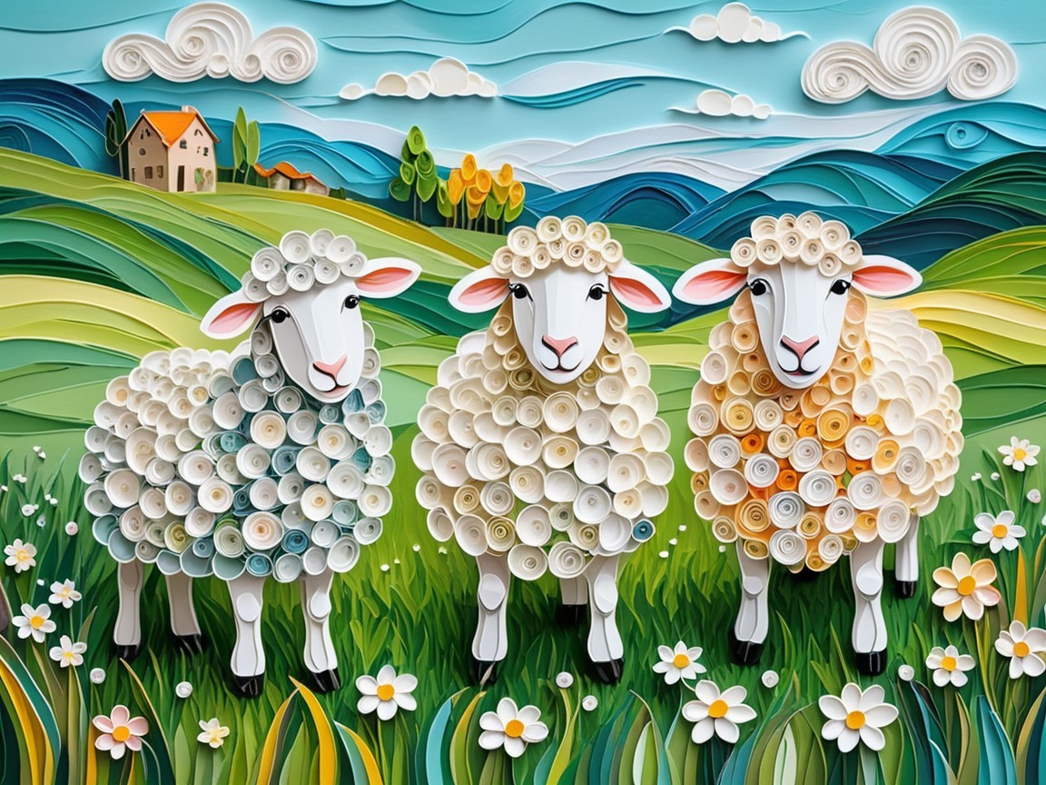 Quilling Paper Craft Scene of Sheep in Green Field
