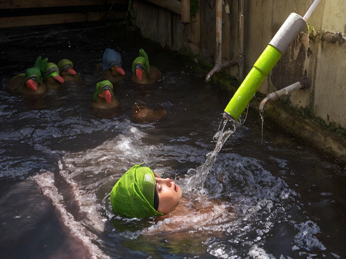 Child in Green Cap Floats in Serene Pool Scene
