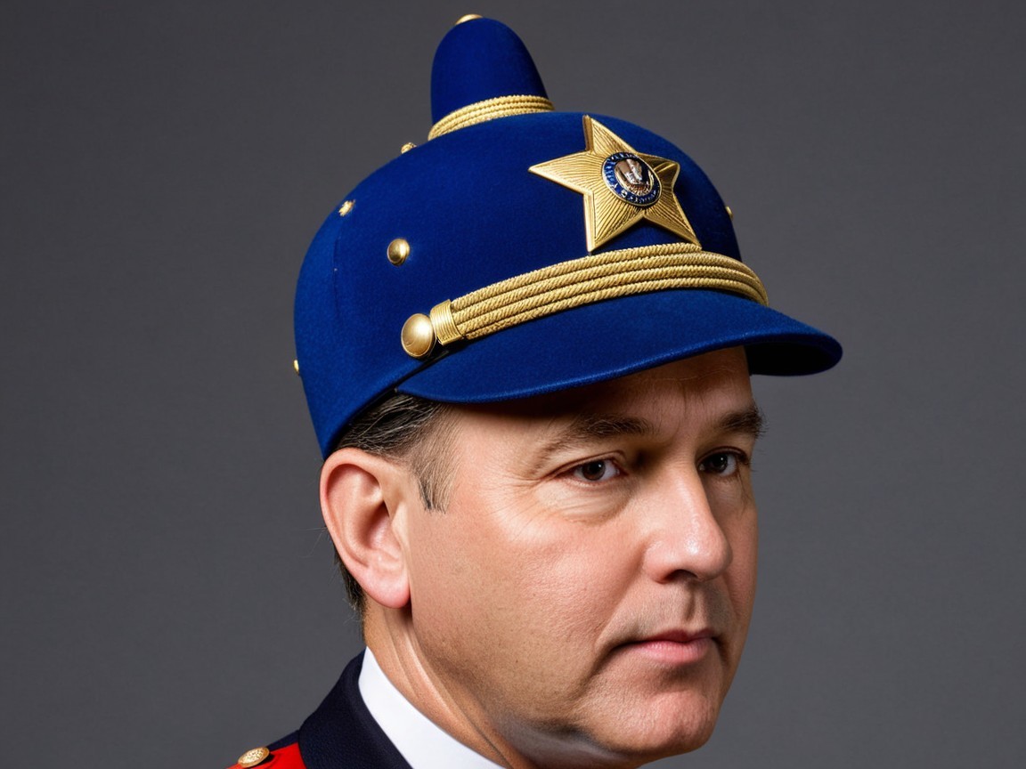 Man in blue military-style hat with golden star