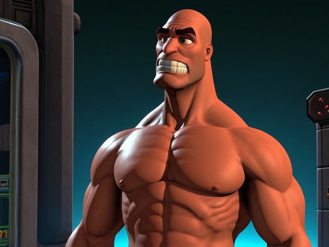 Muscular Animated Character with Intense Expression
