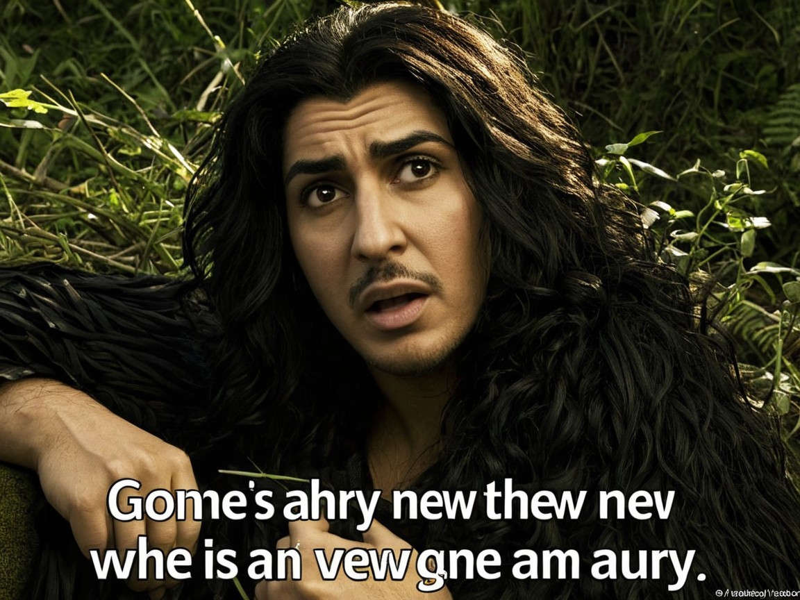 Man with Curly Hair in Whimsical Greenery Setting