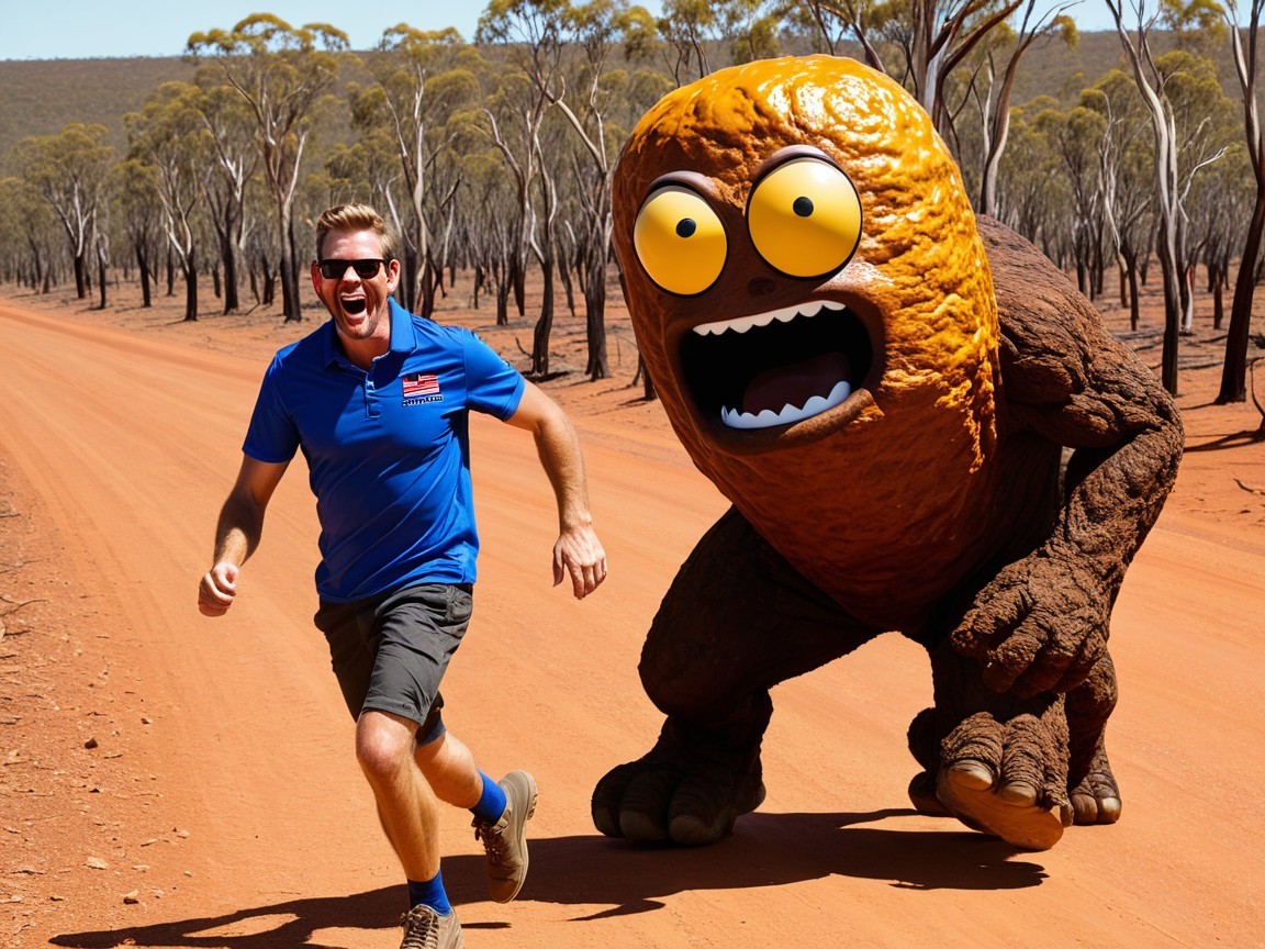 Man in Blue Shirt Runs Down Dusty Road with Creature