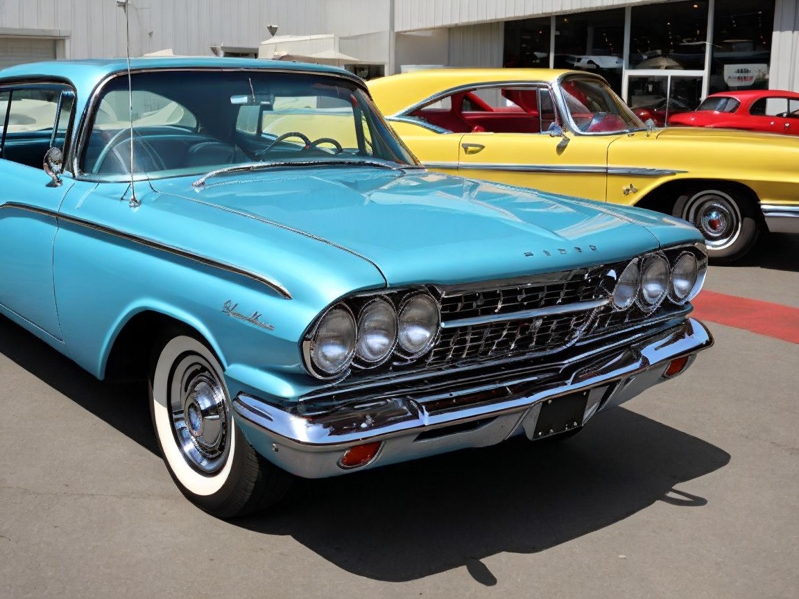Vintage Light Blue Car with Chrome and Whitewall Tires
