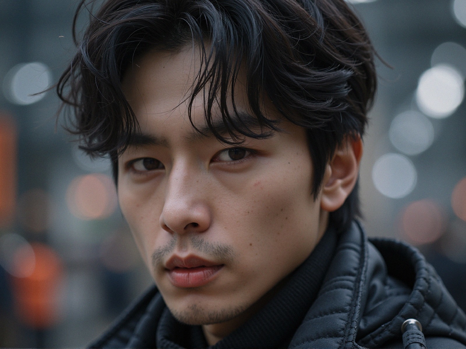 Young man with serious expression and urban background