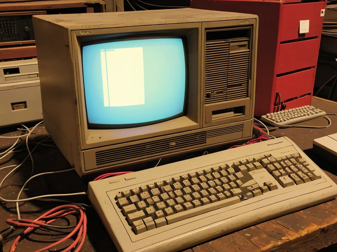 Vintage Computer Setup on a Cluttered Workspace