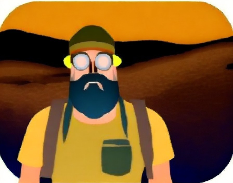 Pixelated Character with Beard and Goggles on Orange Background