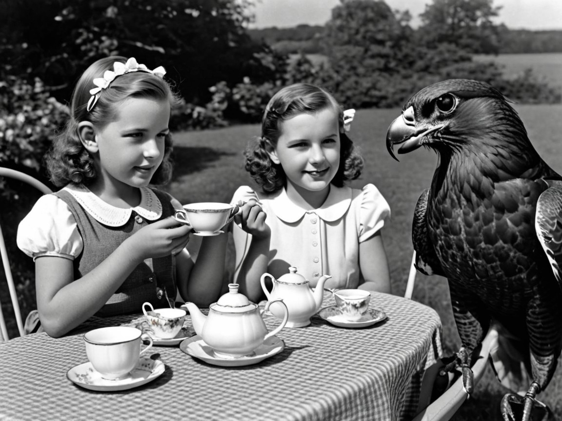 Young girls at tea table with falcon in greenery