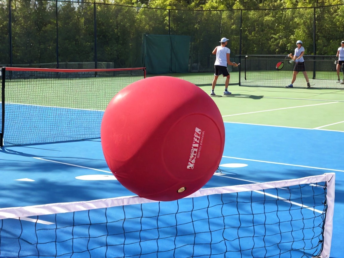 Oversized Red Ball Above Tennis Court with Players