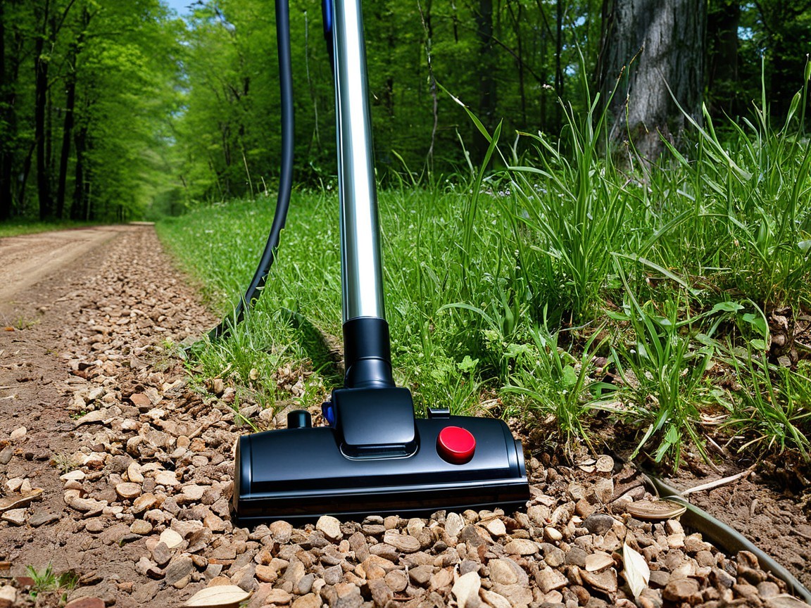 Close-up of a vacuum cleaner nozzle on gravel path