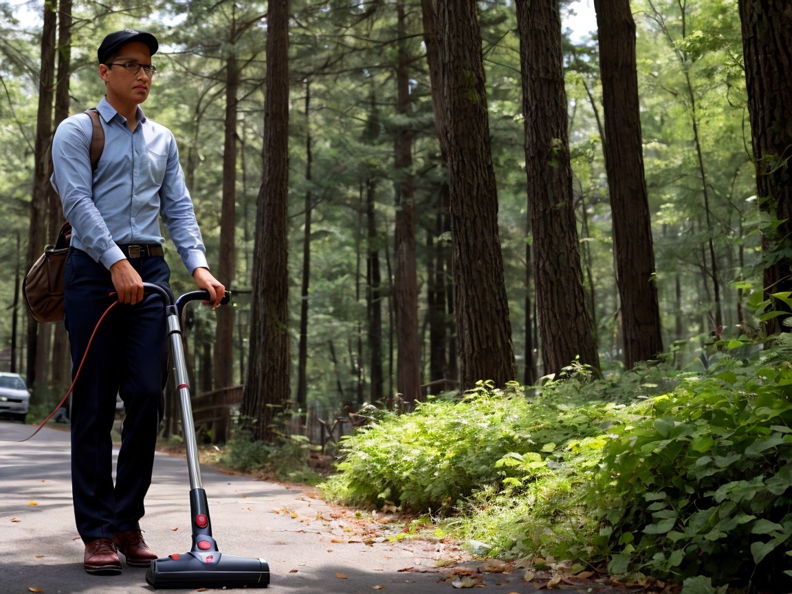 Man with Vacuum Cleaner on Forest Path in Sunlight