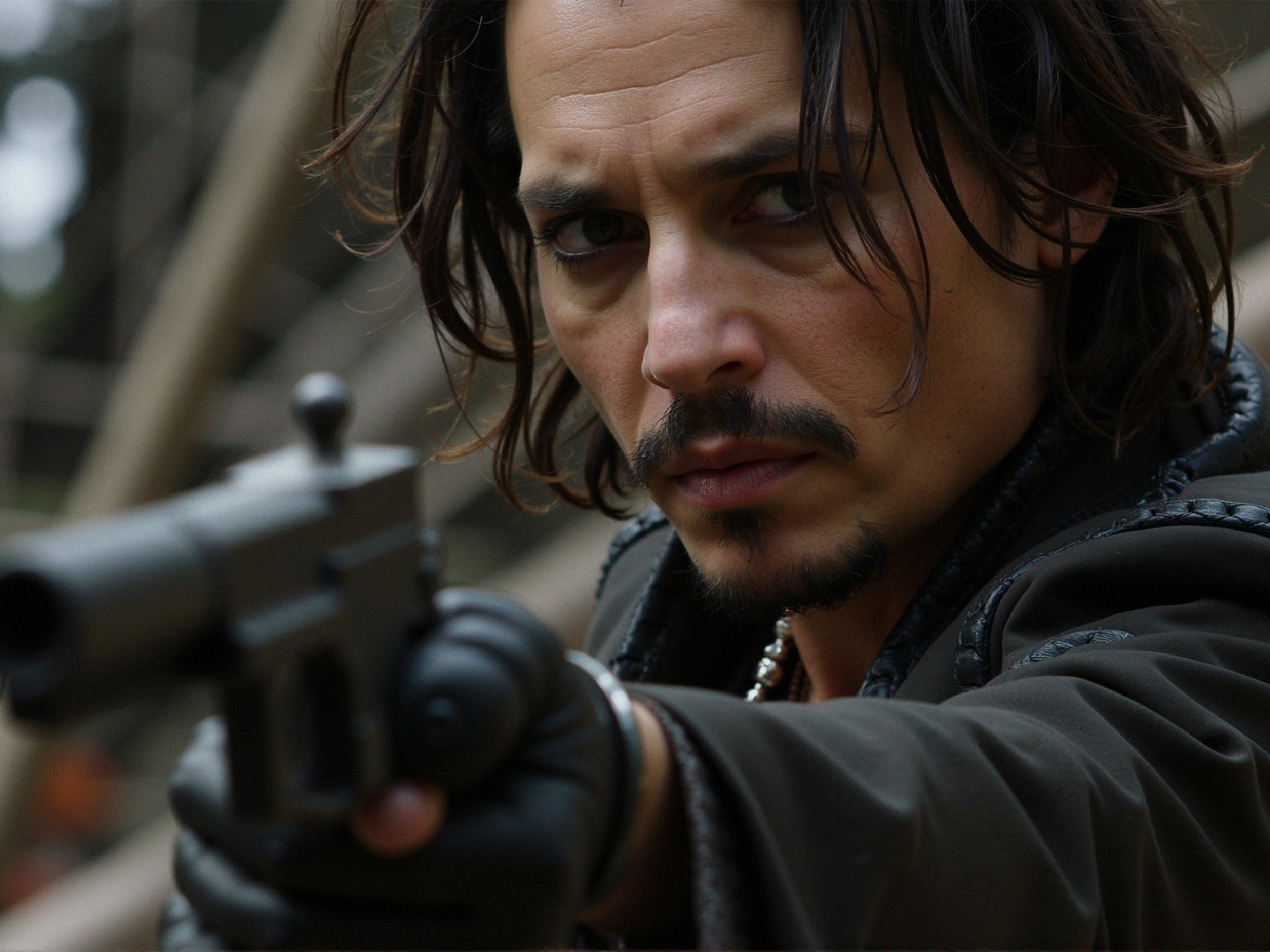 Rugged Individual with Gun and Intense Expression