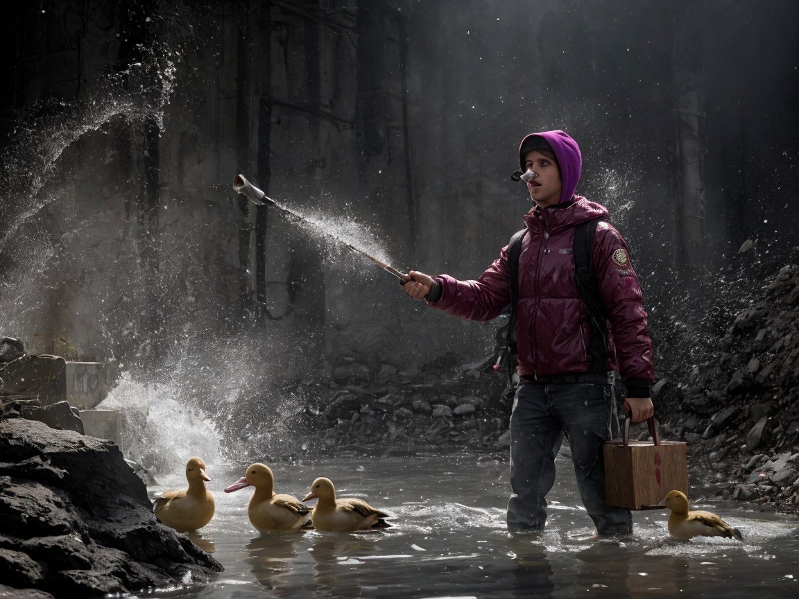Young Boy Guiding Ducks in Industrial Water Scene