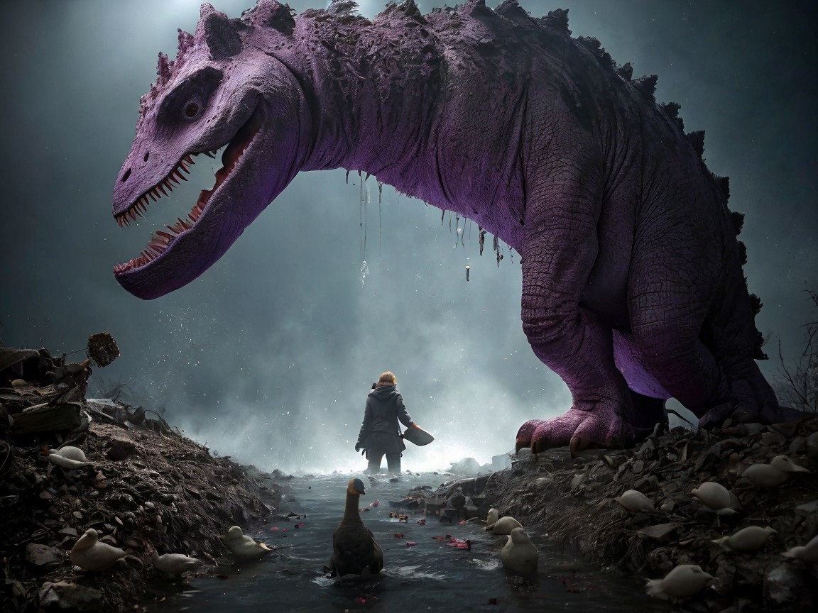Purple Dinosaur in Foggy Setting with Child and Ducks