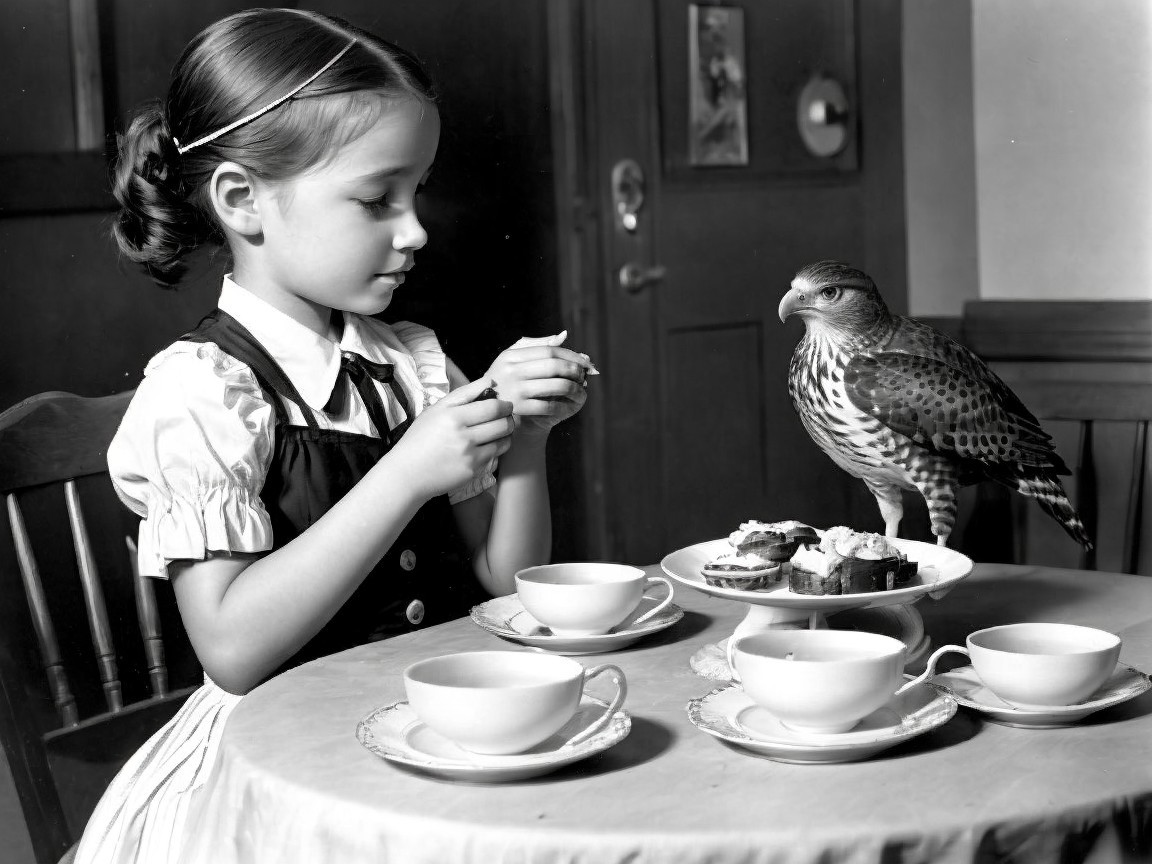 Young Girl in Vintage Dress with Hawk and Teacups