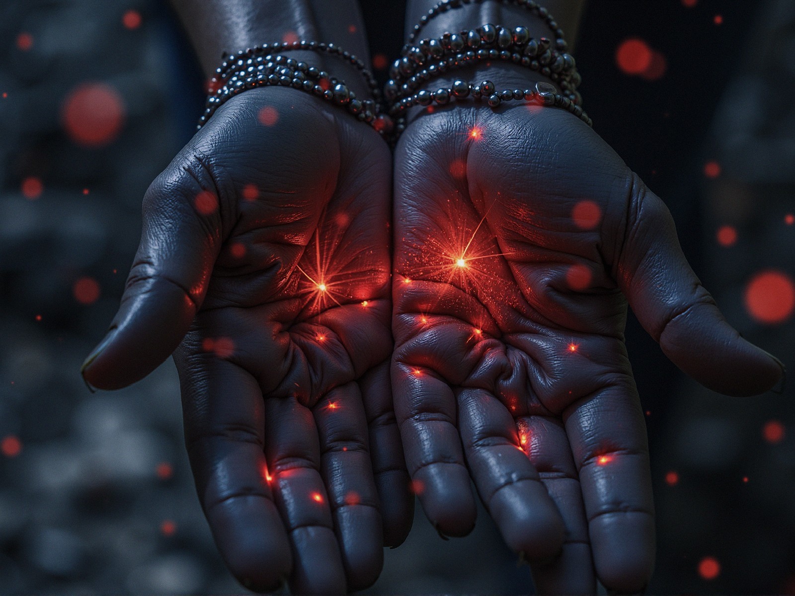 Open hands with glowing red sparks and bracelets