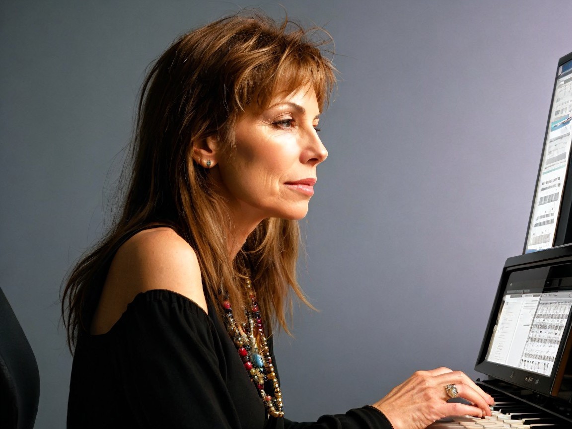 Woman with long hair working at a modern computer