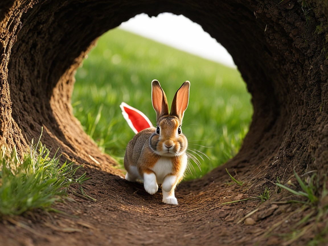 Playful Rabbit Exploring a Tree Stump Tunnel