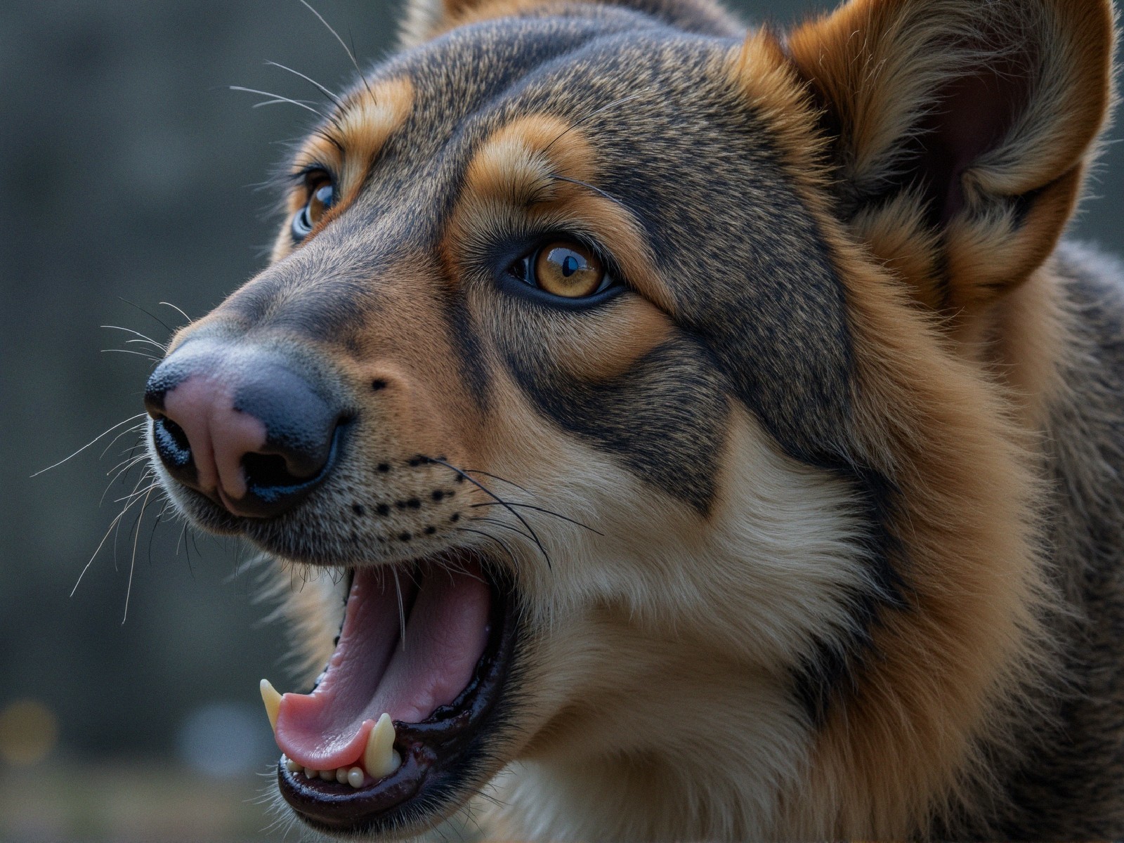 Close-up of a playful dog with brown and black fur