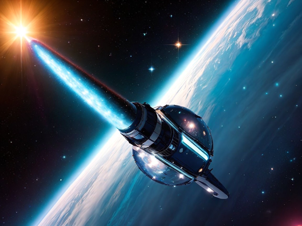 Futuristic spacecraft with blue propulsion in space