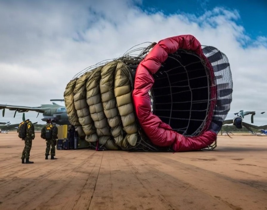 Military Cargo Plane Releasing Parachutes on Tarmac