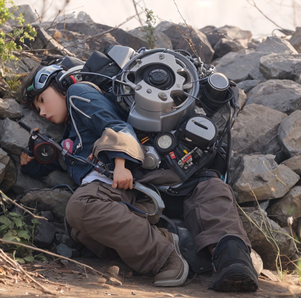 Young person surrounded by electronic gadgets sleeping on rocks