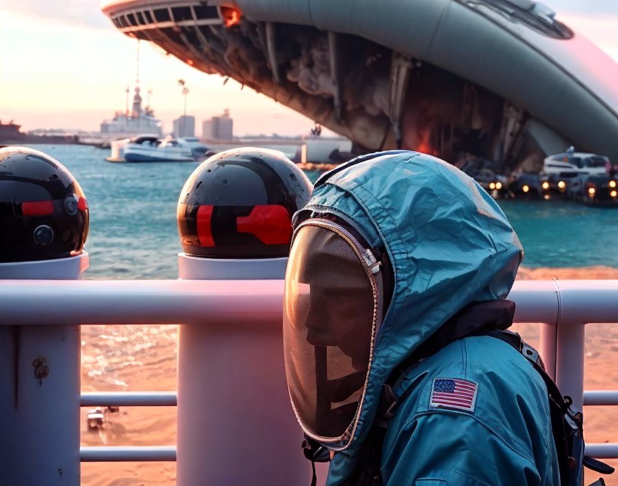 Astronaut Observes Futuristic Structure at Sunset