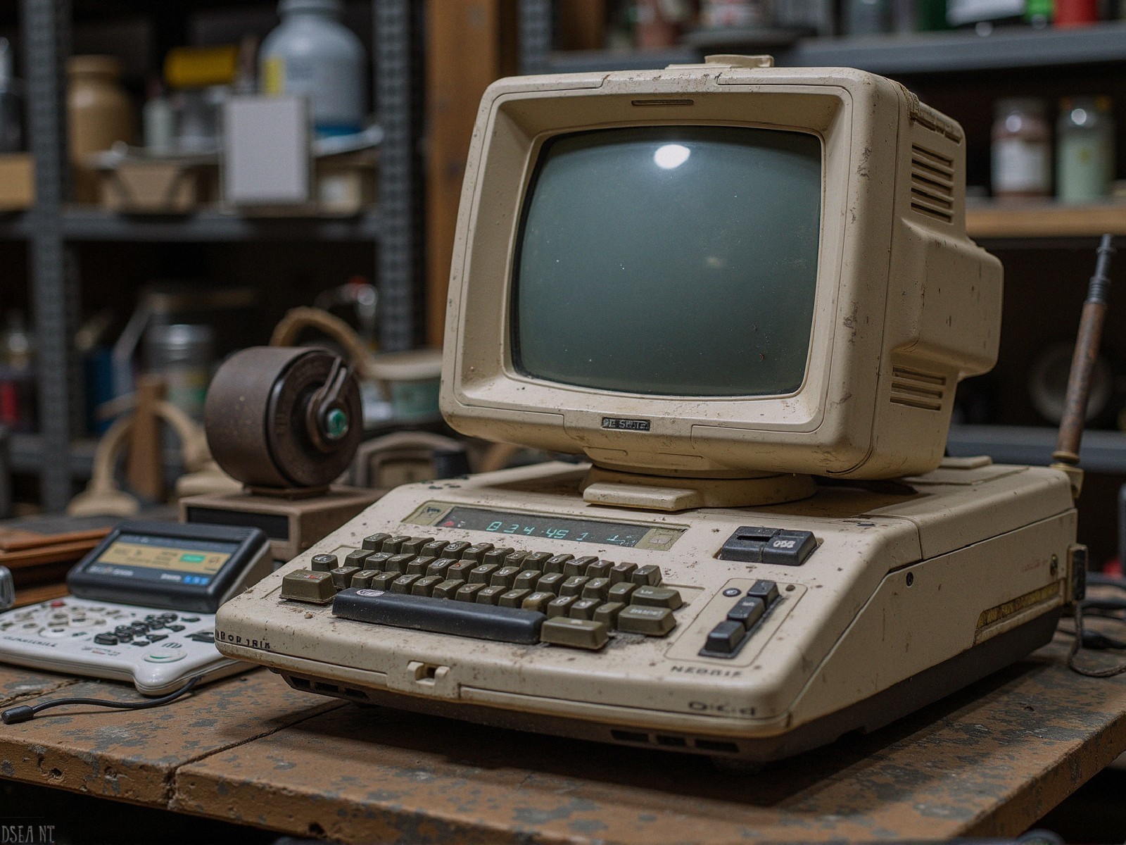 Vintage Computer and Telephone on Wooden Table