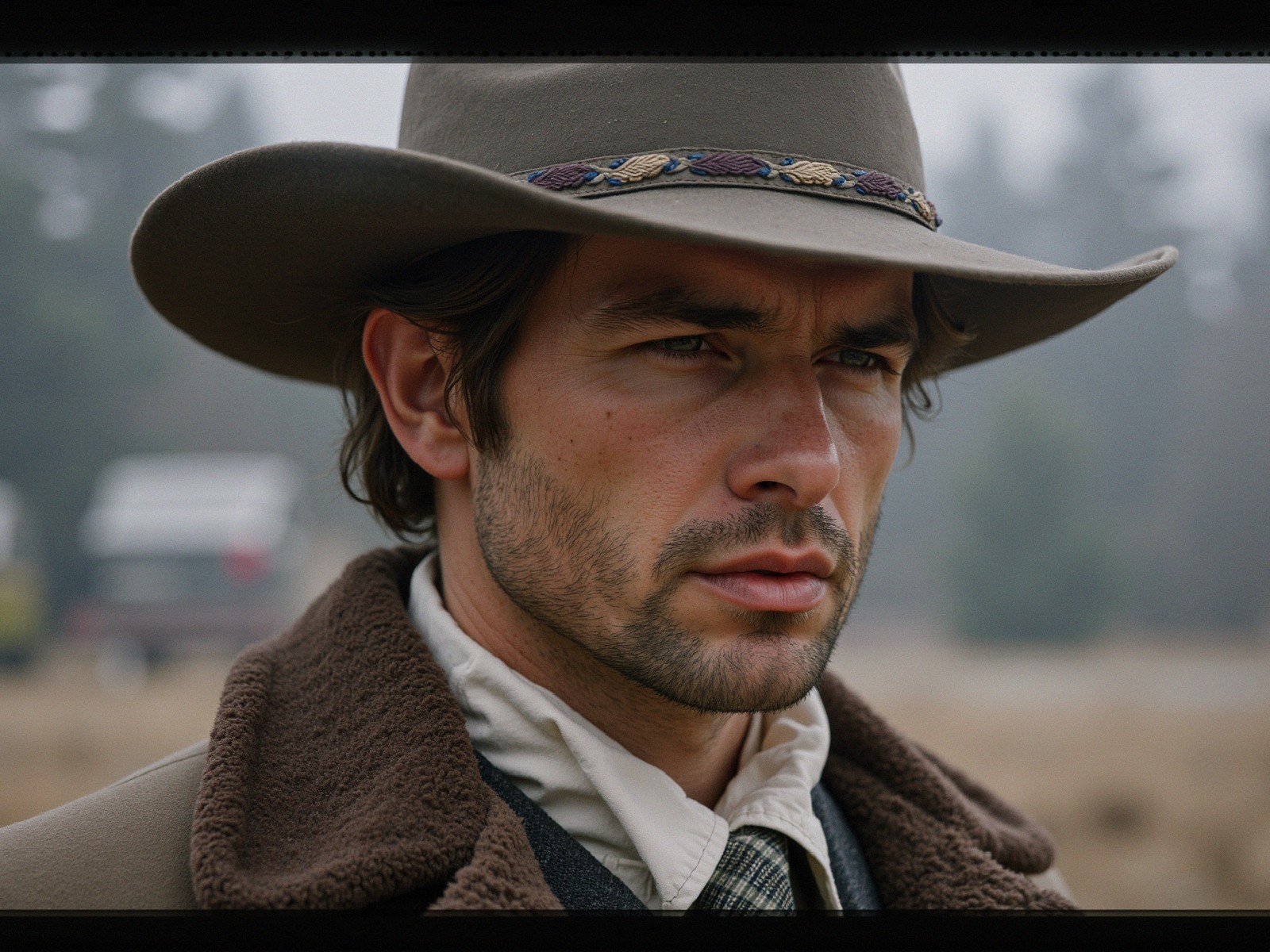 Brooding Man in Vintage Western Coat Against Misty Background