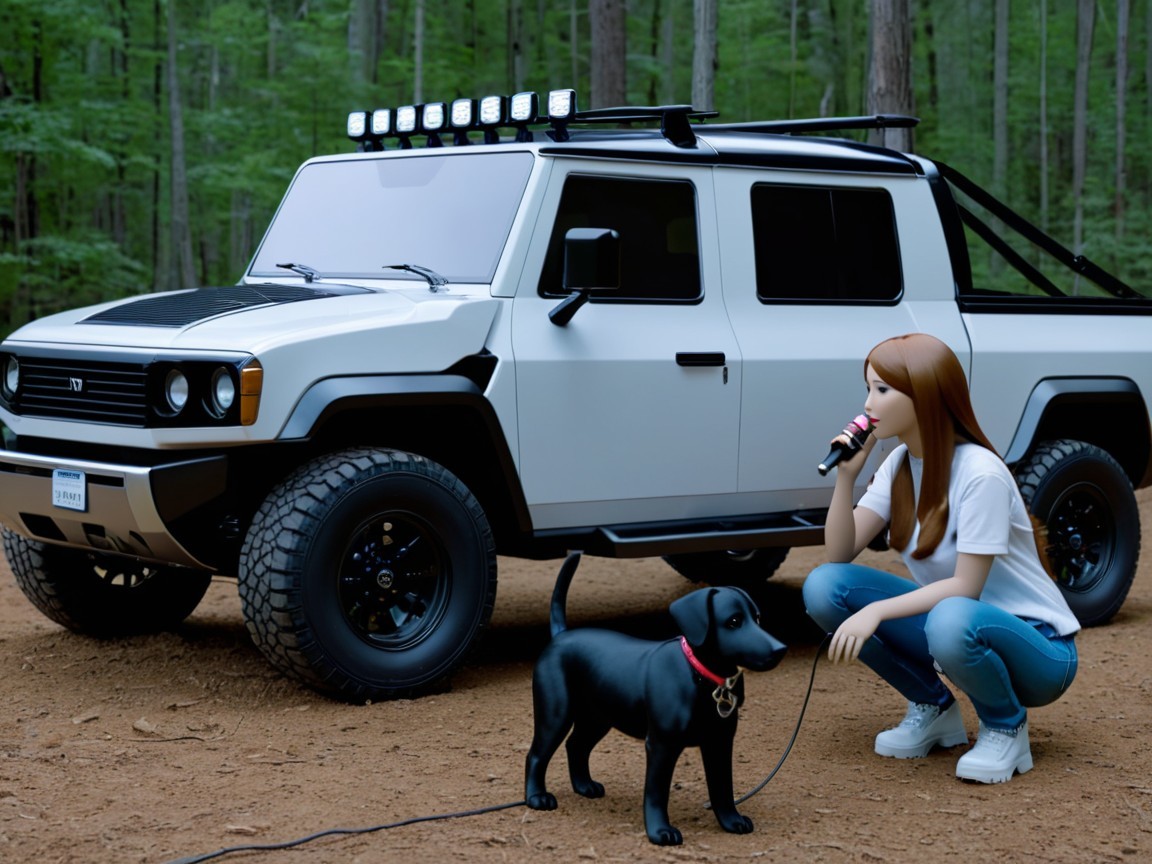 Off-Road Vehicle and Woman with Dog in Forest Setting