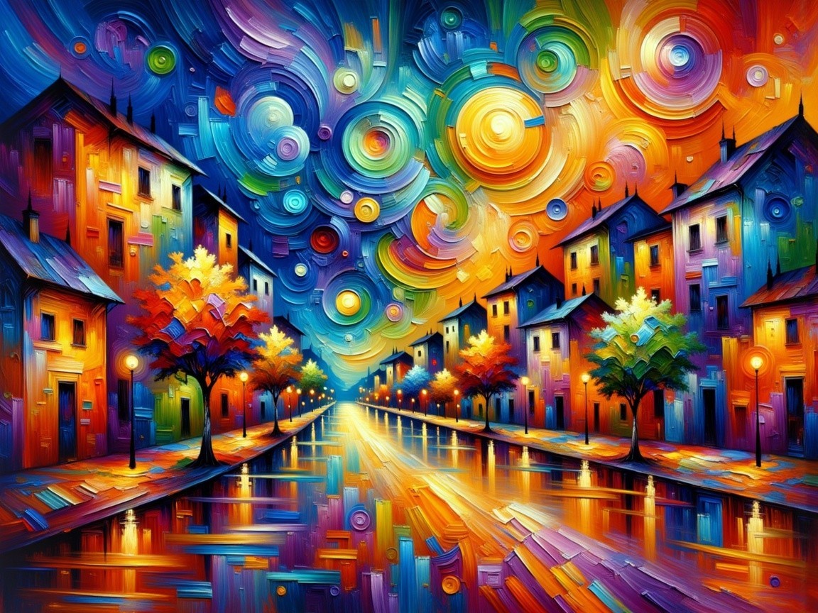 Vibrant Impressionistic Nighttime Street Scene