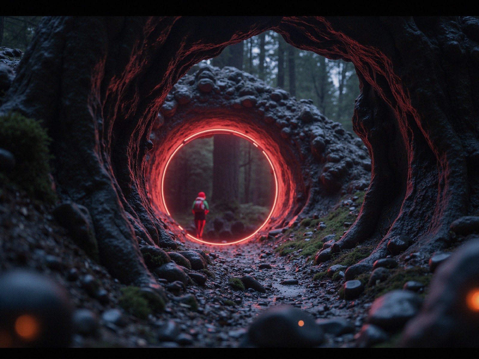 Mysterious Forest Scene with Glowing Circular Tunnel
