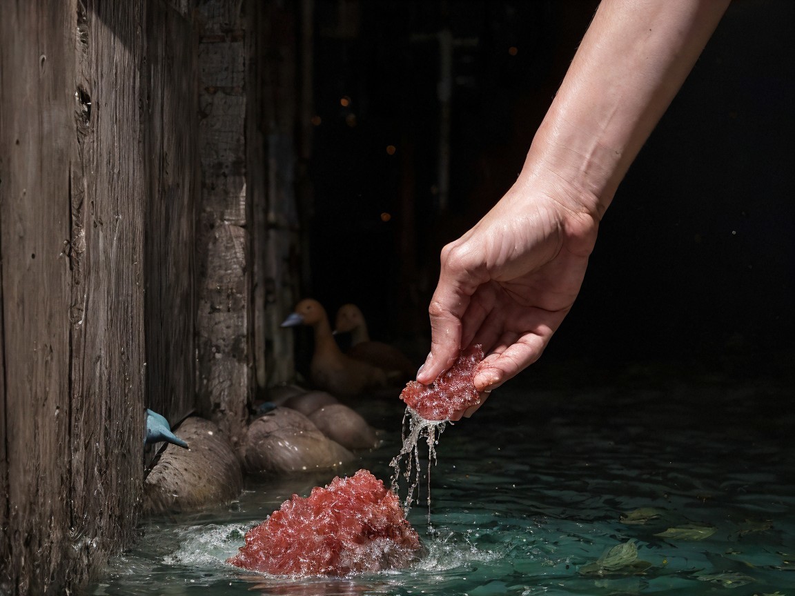 Delicate Hand Holding Vibrant Gel-like Mass in Water