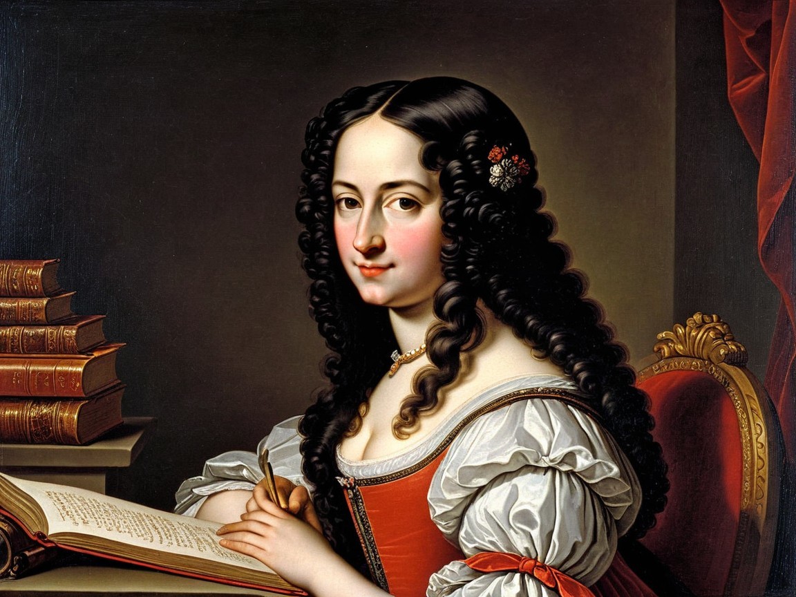 Elegant Woman in Red Dress at Writing Desk