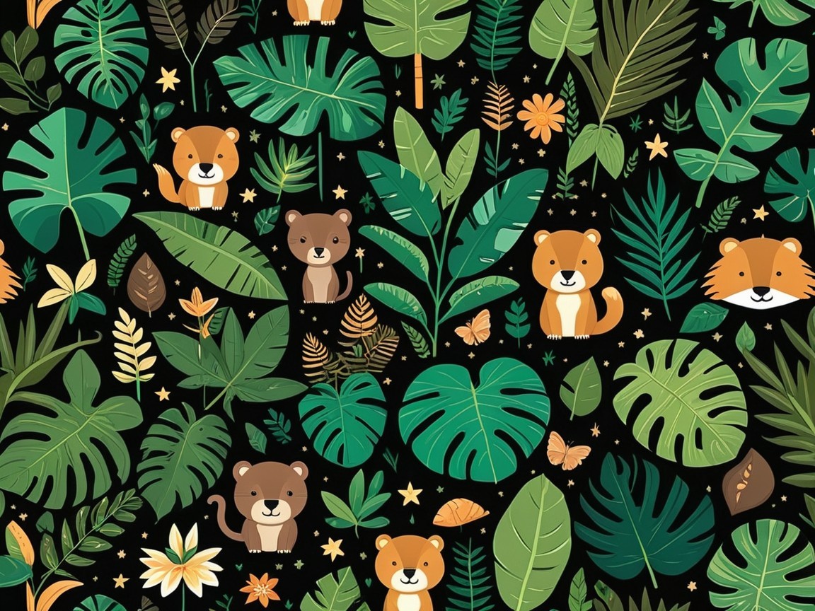Vibrant Jungle Scene with Cartoon Animals and Foliage